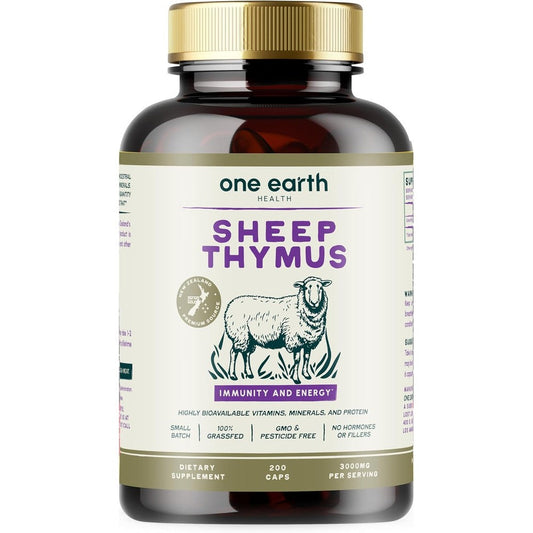 One Earth Health Grass Fed Thymus Glandular supplement front view showing 3000 milligrams immune support text.