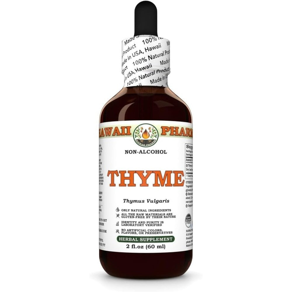 Hawaii Pharm Thyme Thymus Vulgaris Dry Leaf Glycerite front view showing natural herbal extract bottle