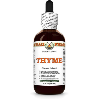 Hawaii Pharm Thyme Thymus Vulgaris Dry Leaf Glycerite front view showing natural herbal extract bottle