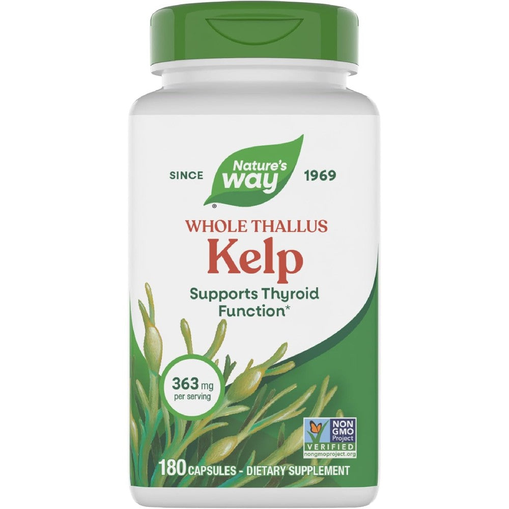 Nature's Way Kelp 600 mg 180 capsules front view showing thyroid support benefits