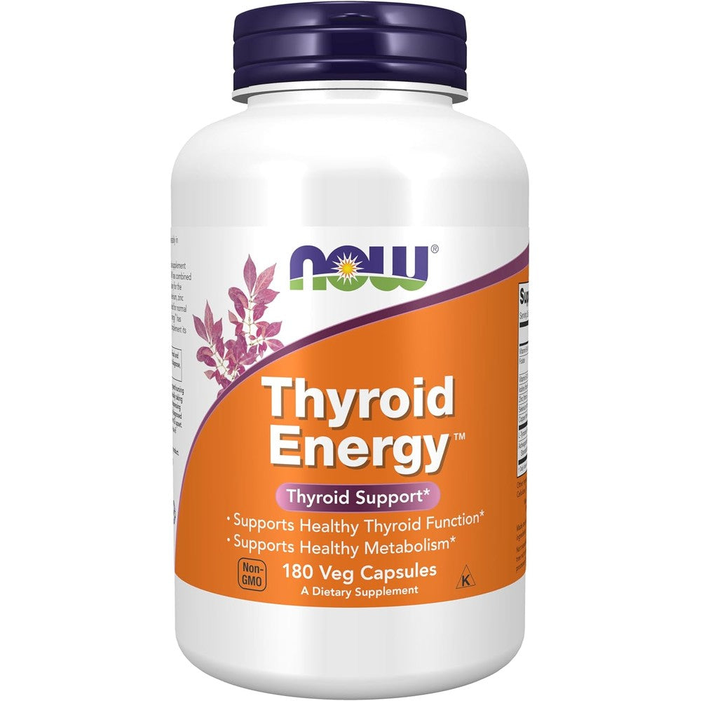 NOW Foods Thyroid Energy 180 vegetarian capsules front bottle view for healthy metabolism support.