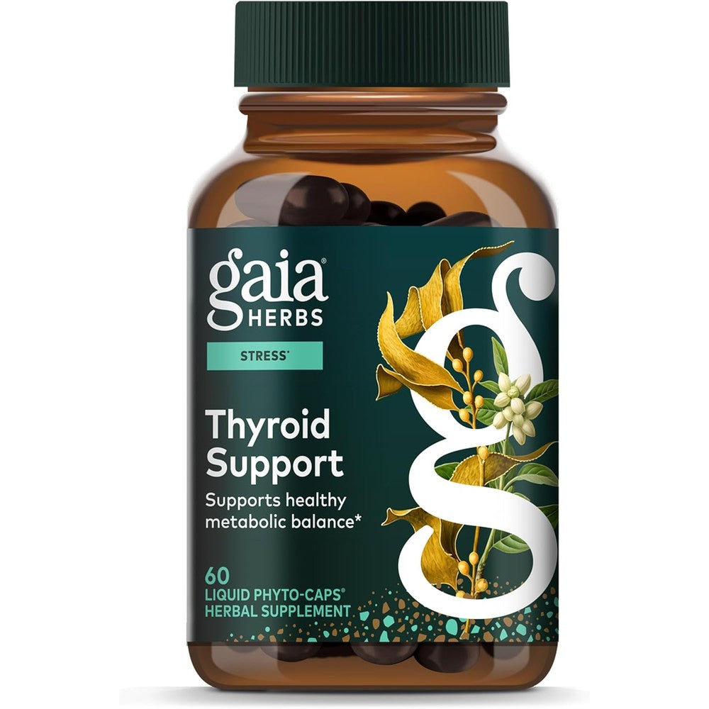 Gaia Herbs Thyroid Support front view of bottle containing sixty vegan liquid phyto capsules.