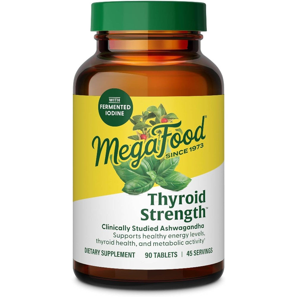 MegaFood Thyroid Strength 90 Tablets front bottle view for authentic USA imported thyroid health supplements in India.