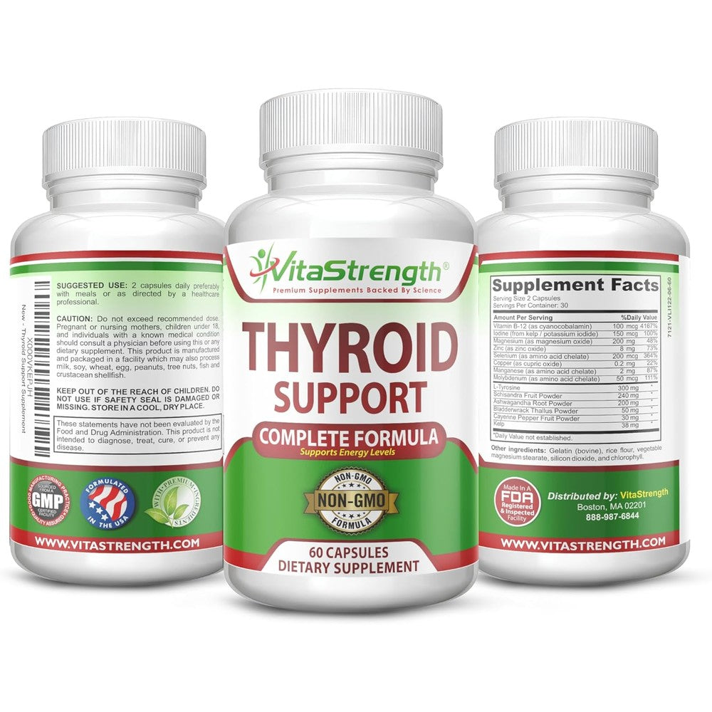 VitaStrength Thyroid Support dietary supplement bottle front view for energy levels.