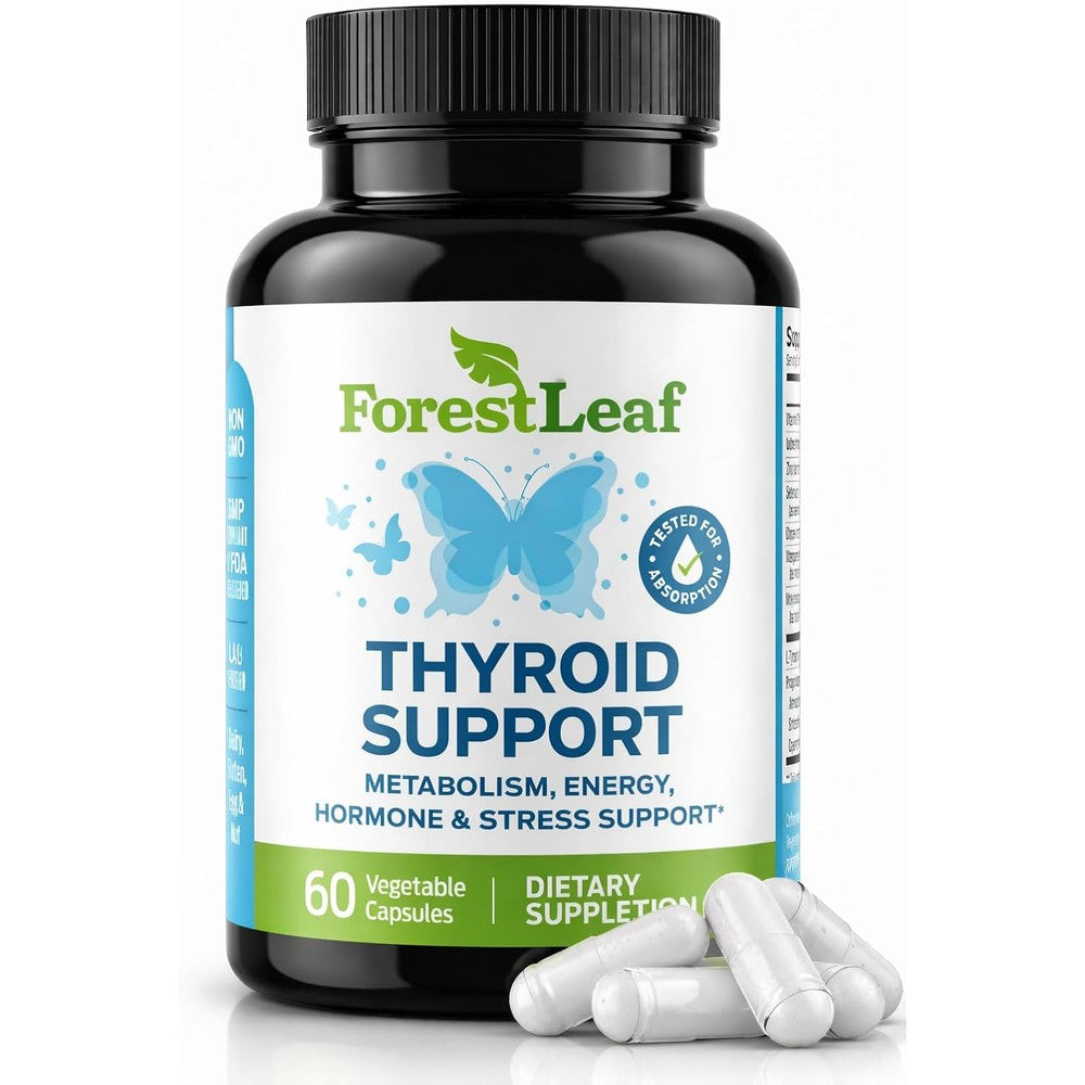 ForestLeaf Thyroid Support 60 Capsules front view of the bottle showing supplement details.