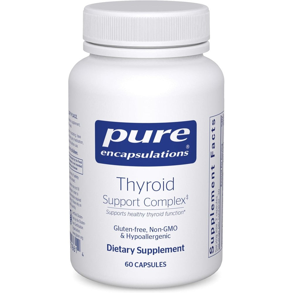 Pure Encapsulations Thyroid Support Complex 60 capsules front view bottle showing premium USA imported packaging.