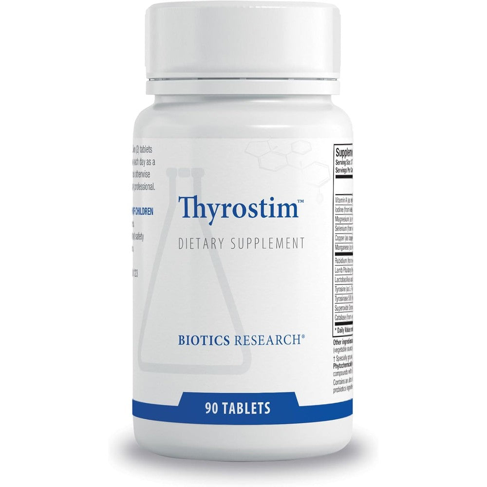 Biotics Research Thyrostim 90 tablets front bottle view for thyroid support.