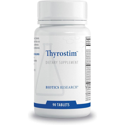 Biotics Research Thyrostim 90 tablets front bottle view for thyroid support.