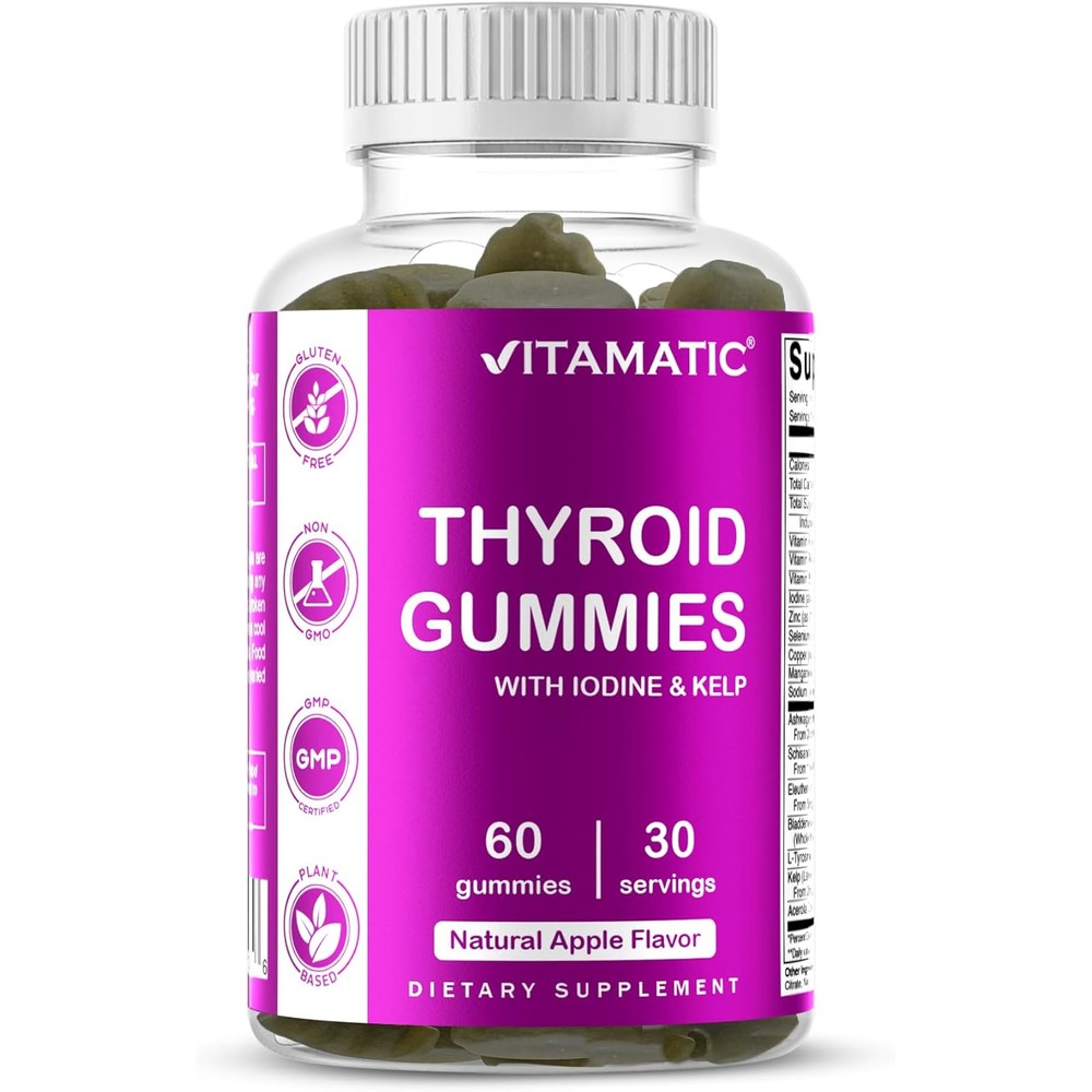 Vitamatic Vegan Thyroid Support Gummies 60 Count front view bottle showcasing apple flavor