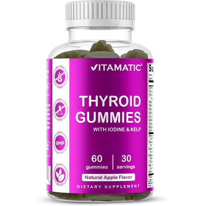 Vitamatic Vegan Thyroid Support Gummies 60 Count front view bottle showcasing apple flavor