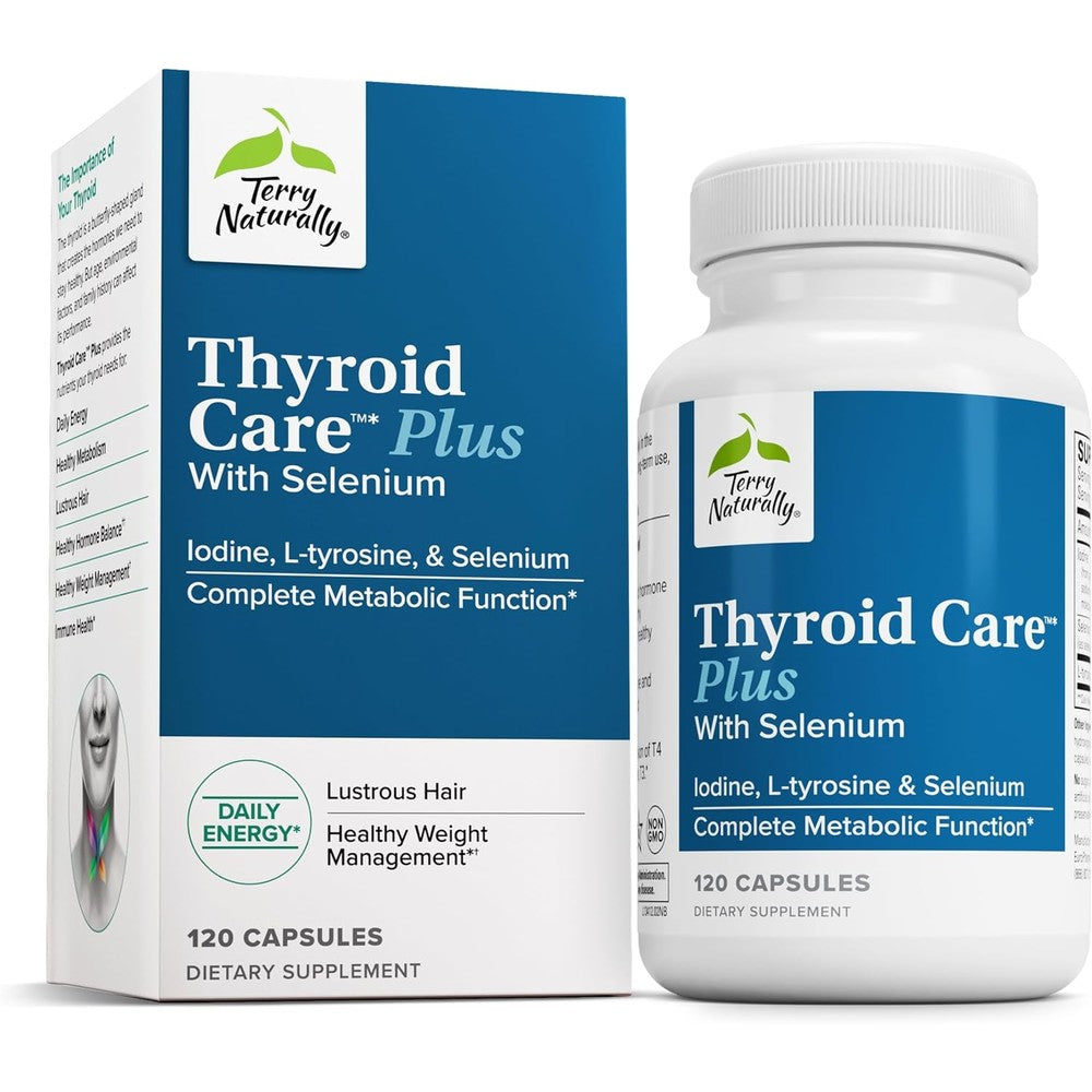 Terry Naturally Thyroid Care Plus 120 capsules front view bottle showing iodine and L tyrosine blend for thyroid support