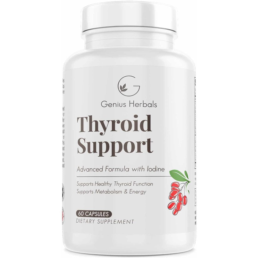 Genius Herbals Thyroid Support Advanced Formula 60 capsules front view showcasing metabolism booster supplement.
