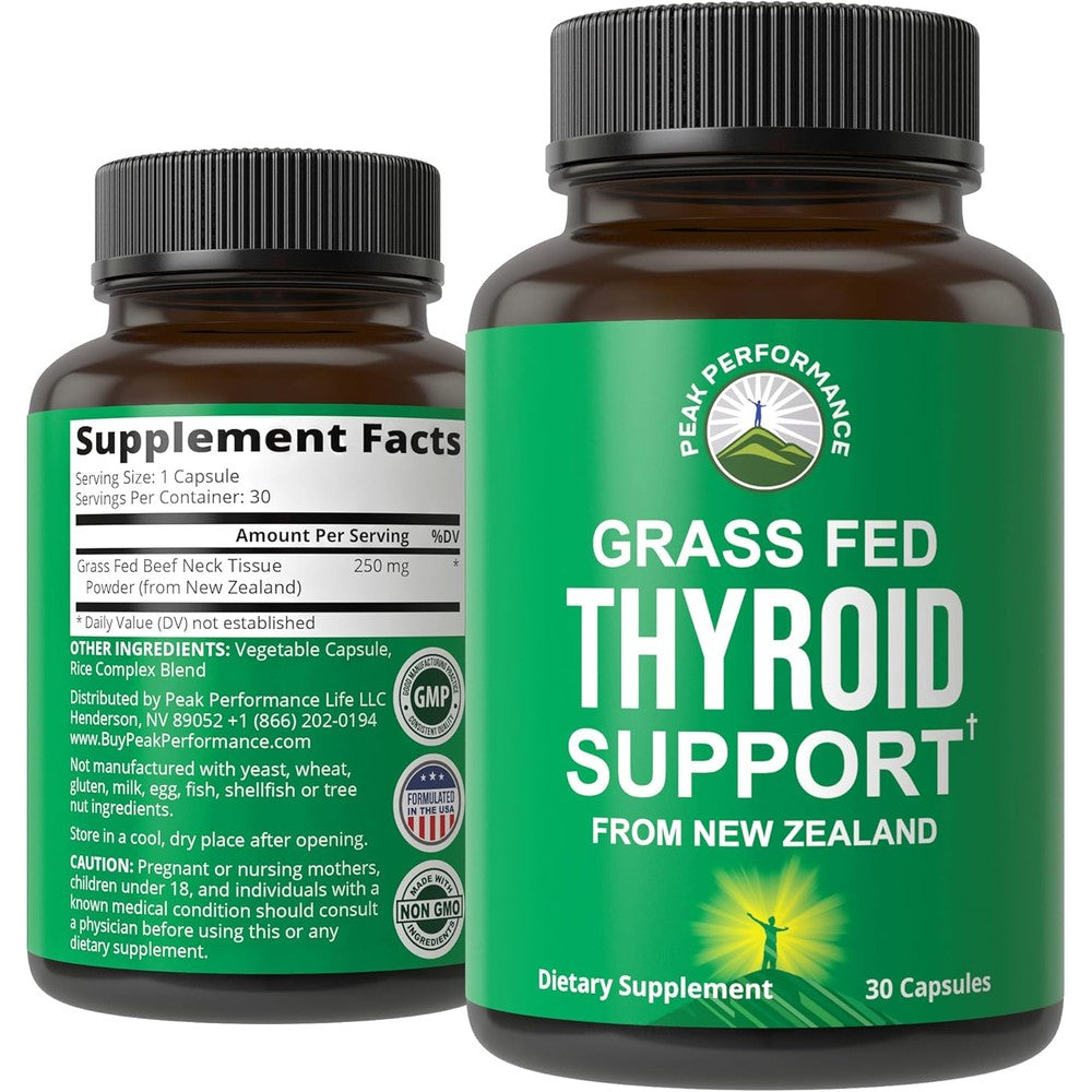 Peak Performance Raw Desiccated Thyroid Health Supplement 30 Capsules front view showcasing packaging.