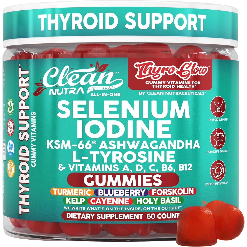 Clean Nutraceuticals ThyroGlow Thyroid Support Gummies front view bottle showing 60 count supplement