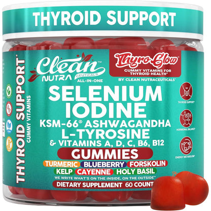 Clean Nutraceuticals ThyroGlow Thyroid Support Gummies front view bottle showing 60 count supplement