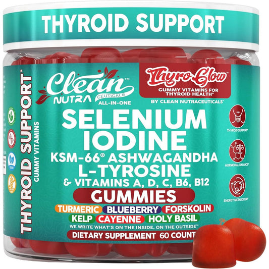 Clean Nutraceuticals ThyroGlow Thyroid Support Gummies front view bottle showing 60 count supplement