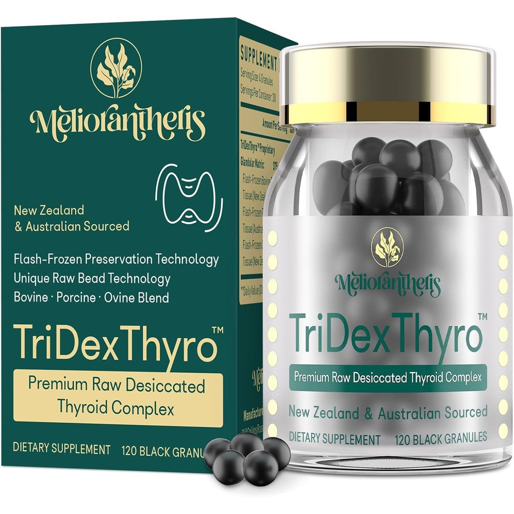 Meliorantheris TriDexThyro Raw Desiccated Thyroid Complex front bottle view for metabolism support.