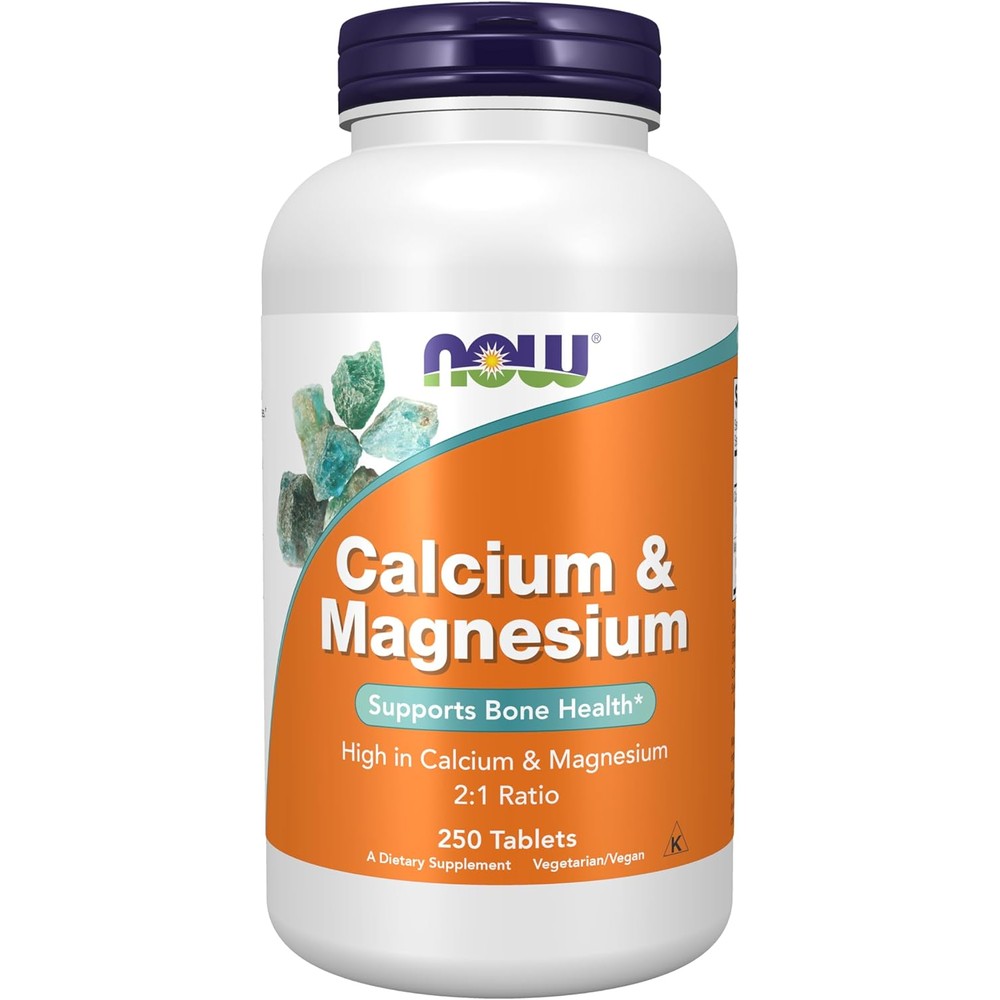 NOW Foods Calcium and Magnesium 250 tablets front bottle view bone health supplement