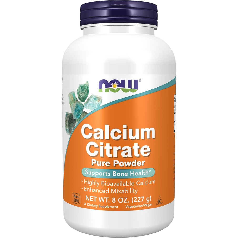 NOW Foods Calcium Citrate Pure Powder front view bottle for bone health support