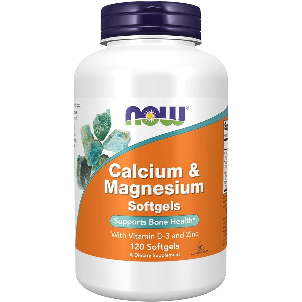 NOW Foods Calcium And Magnesium With Vitamin D3 And Zinc 120 Softgels front bottle view