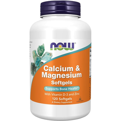 NOW Foods Calcium And Magnesium With Vitamin D3 And Zinc 120 Softgels front bottle view