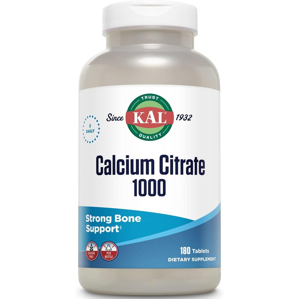 KAL Calcium Citrate 1000mg bone health supplement 180 tablets front view