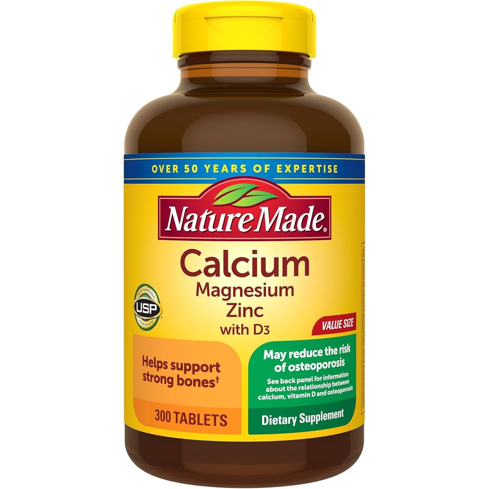 Nature Made Calcium Magnesium Zinc front view packaging showing three hundred dietary supplement tablets