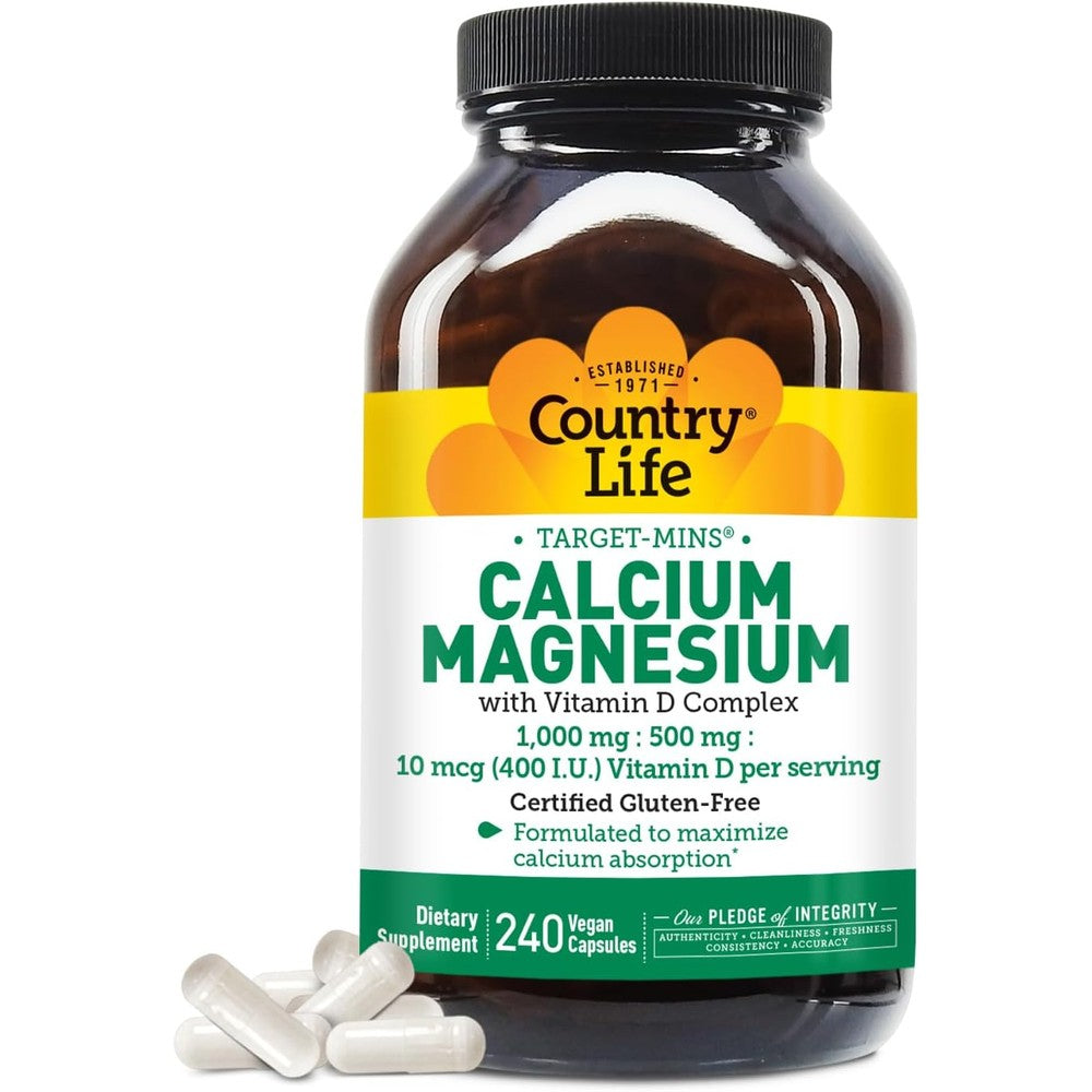 Country Life Calcium Magnesium and Vitamin D Complex 240 Vegan Capsules front bottle view for bone health support