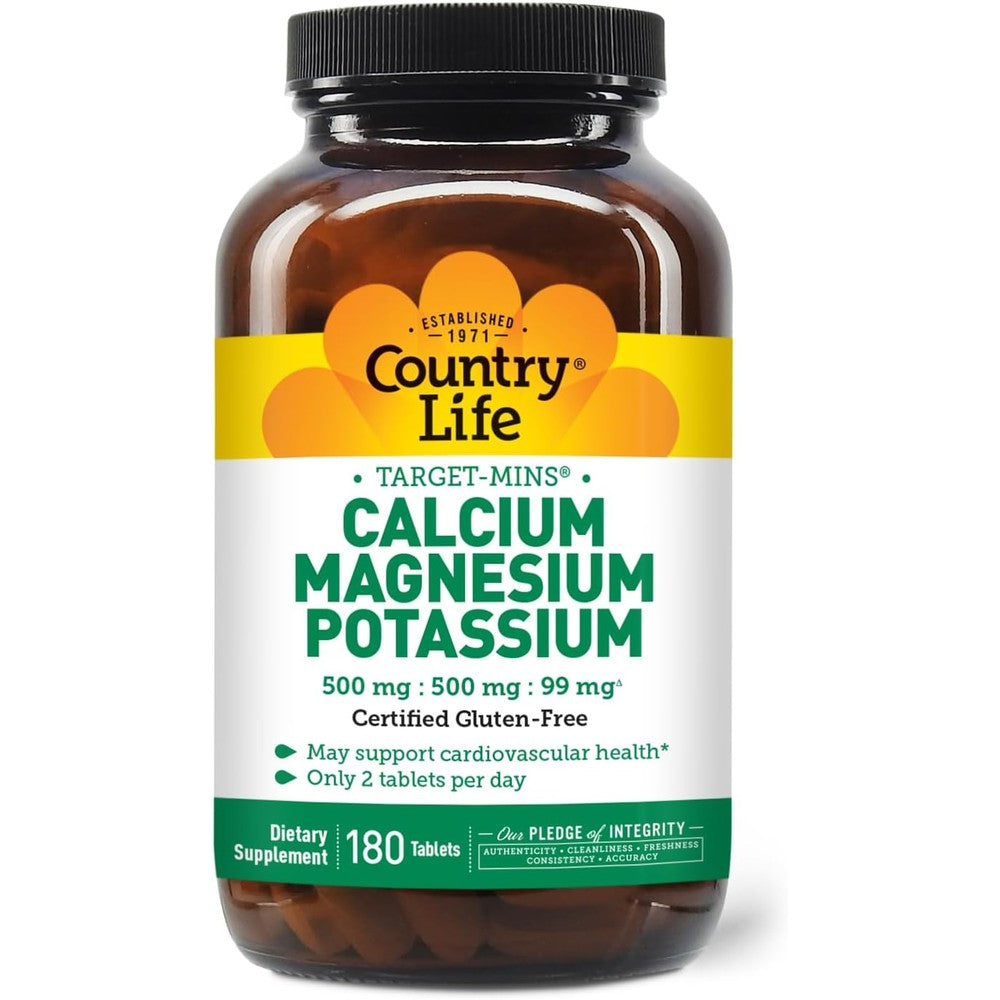 Country Life Target Mins Calcium Magnesium Potassium 180 Tablets bottle front view showing product labels and vegan certification.