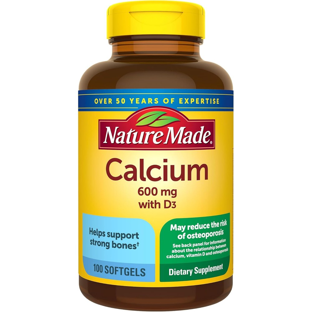Nature Made Calcium 600mg with Vitamin D3 front view bottle for bone health