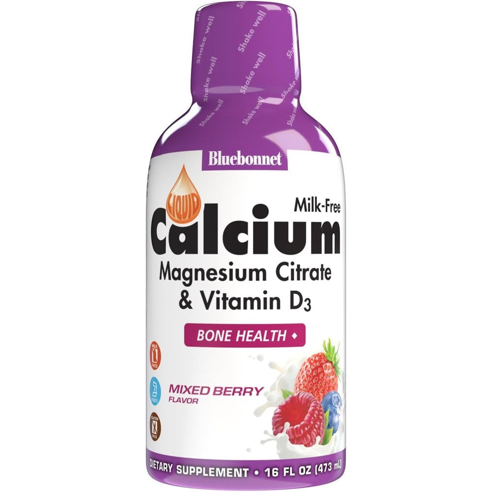 Bluebonnet Nutrition Liquid Calcium Magnesium Citrate Mixed Berry 16 Fluid Ounce front bottle view