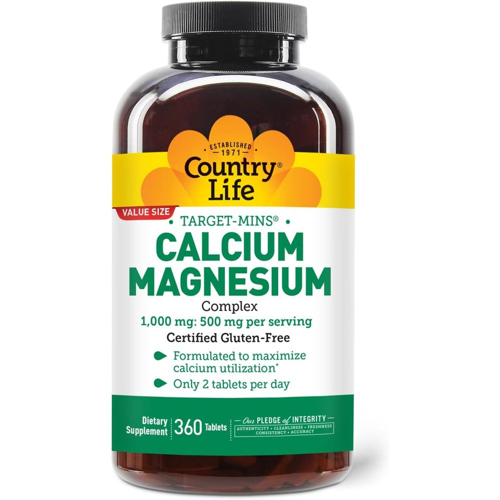 Country Life Target Mins Calcium Magnesium Complex 360 Tablets front bottle view showing bone health support.