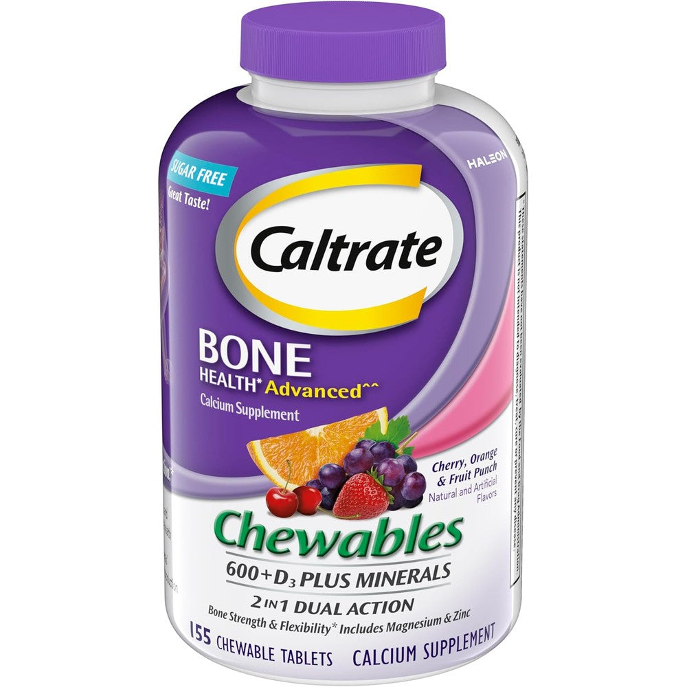 Caltrate Chewables 600 Plus D3 front packaging showing bone health benefits