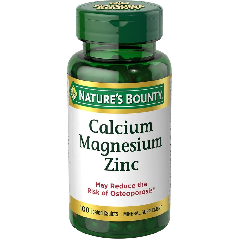 Nature's Bounty Calcium Magnesium Zinc 100 coated caplets bottle front view showing primary mineral health benefits