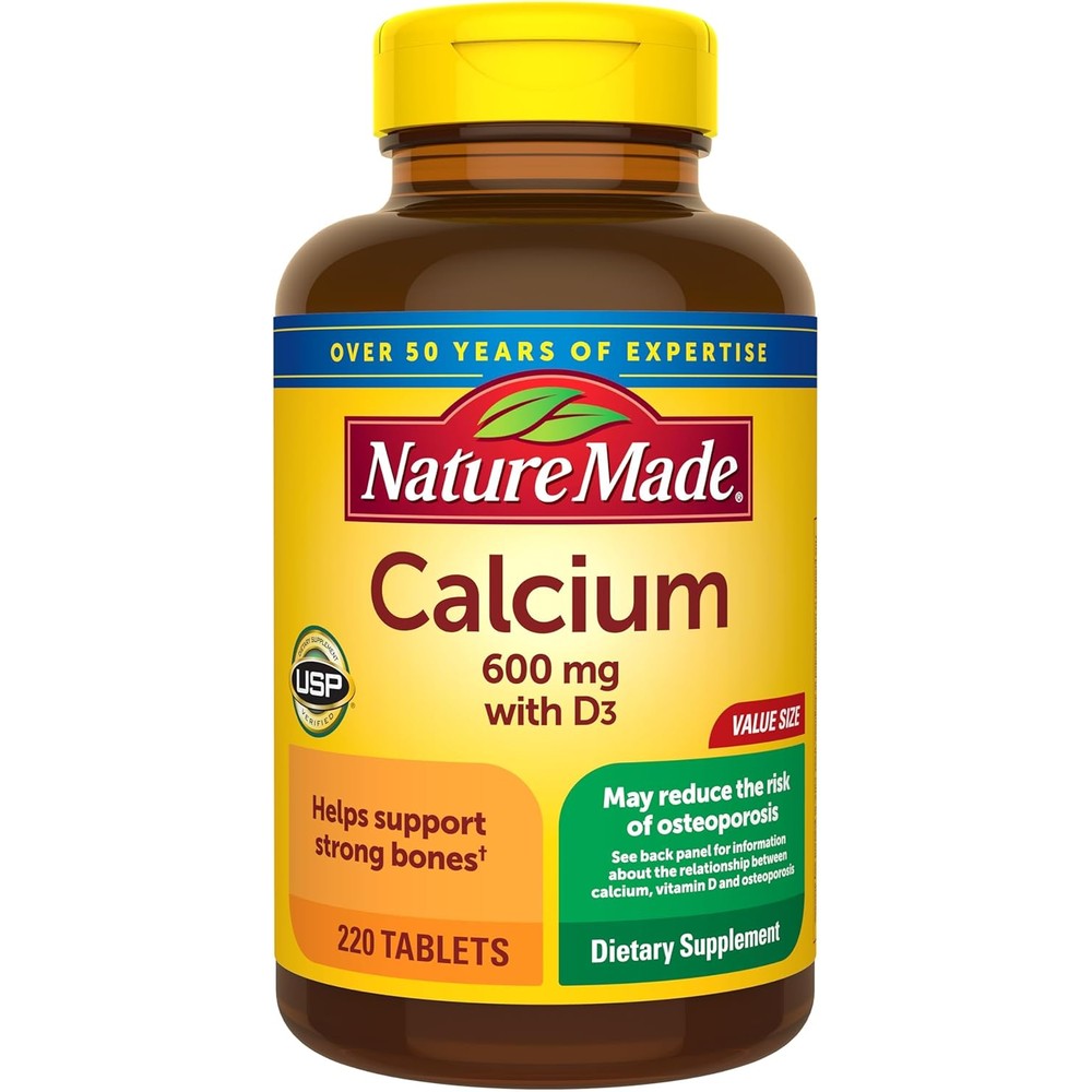 Nature Made Calcium 600mg Vitamin D3 220 Tablets front bottle view for bone health support