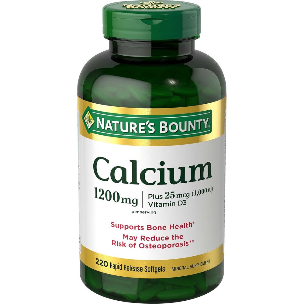 Nature's Bounty Calcium 1200 Milligram front view bottle showing 220 rapid release softgels packaging