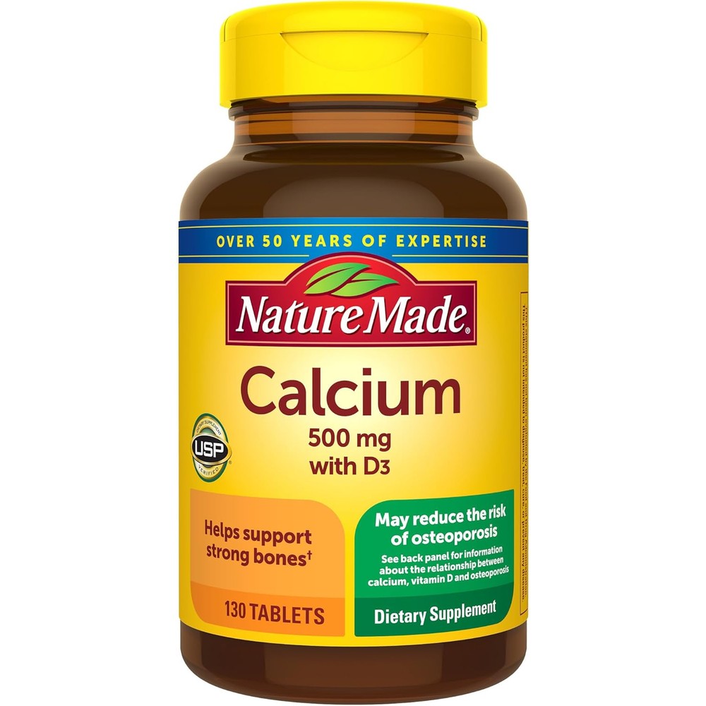 Nature Made Calcium 500mg with Vitamin D3 bone support supplement front view bottle