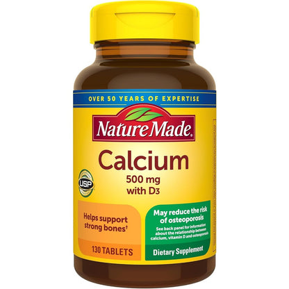 Nature Made Calcium 500mg with Vitamin D3 bone support supplement front view bottle