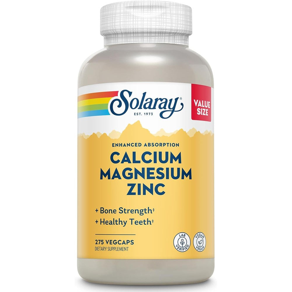 Solaray Calcium Magnesium Zinc supplement front view bottle.