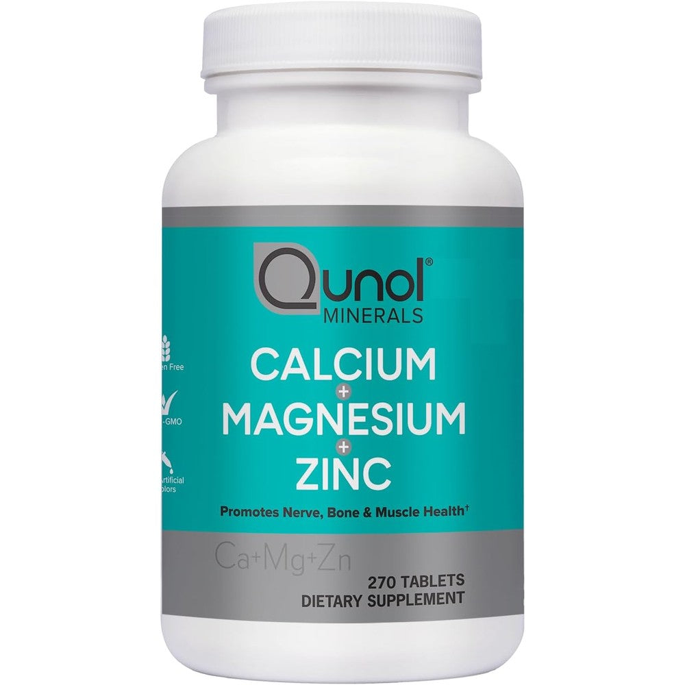 Qunol Calcium Magnesium Zinc 270 tablets bottle front view for bone health