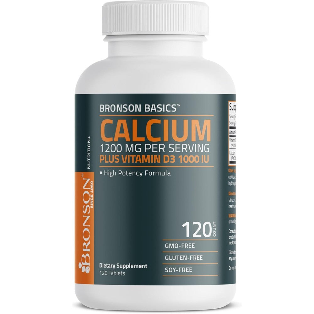 Bronson Calcium 1200mg with Vitamin D3 1000 IU front bottle view