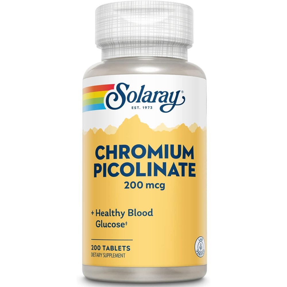 Solaray Chromium Picolinate 200 Micrograms 200 Tablets bottle front view daily metabolism support supplement