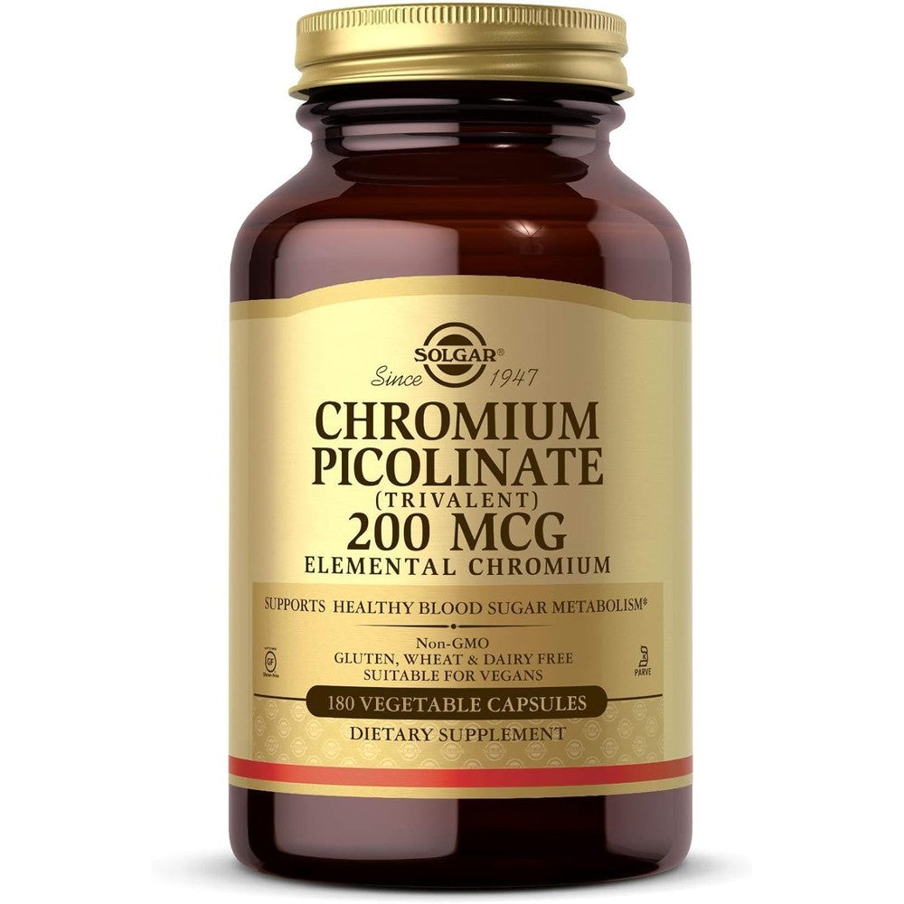 Solgar Chromium Picolinate 200 mcg bottle front view for glucose metabolism support.