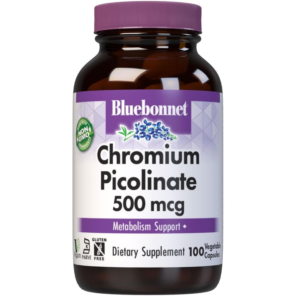 BlueBonnet Nutrition Chromium Picolinate 500 Micrograms 100 vegetable capsules bottle front view