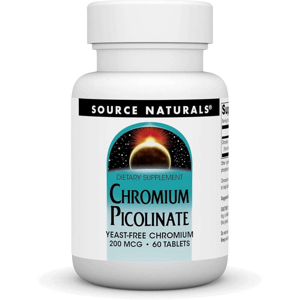 Source Naturals Chromium Picolinate 200 mcg 60 tablets front view showing authentic imported packaging.