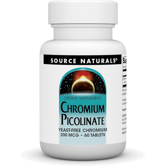 Source Naturals Chromium Picolinate 200 mcg 60 tablets front view showing authentic imported packaging.