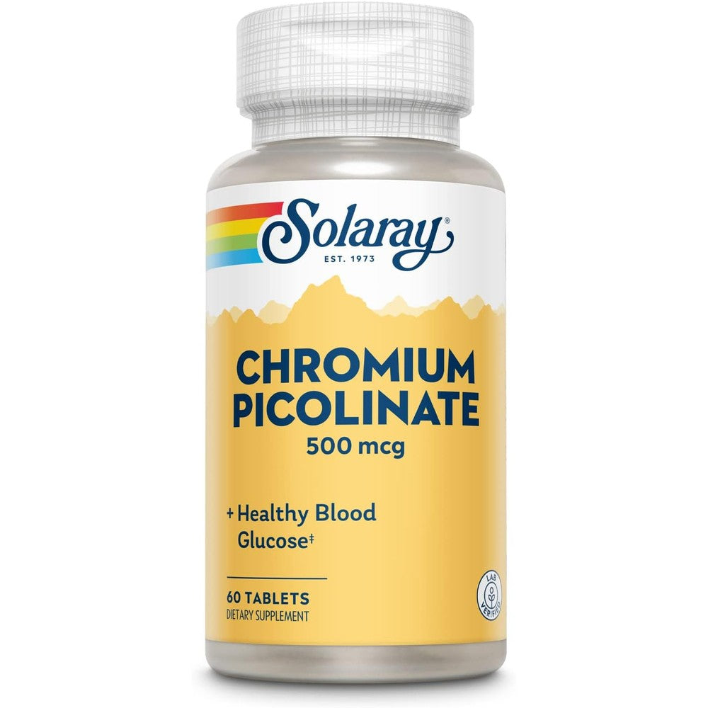 Solaray Chromium Picolinate 500mcg front label bottle showing 60 tablets for glucose metabolism support