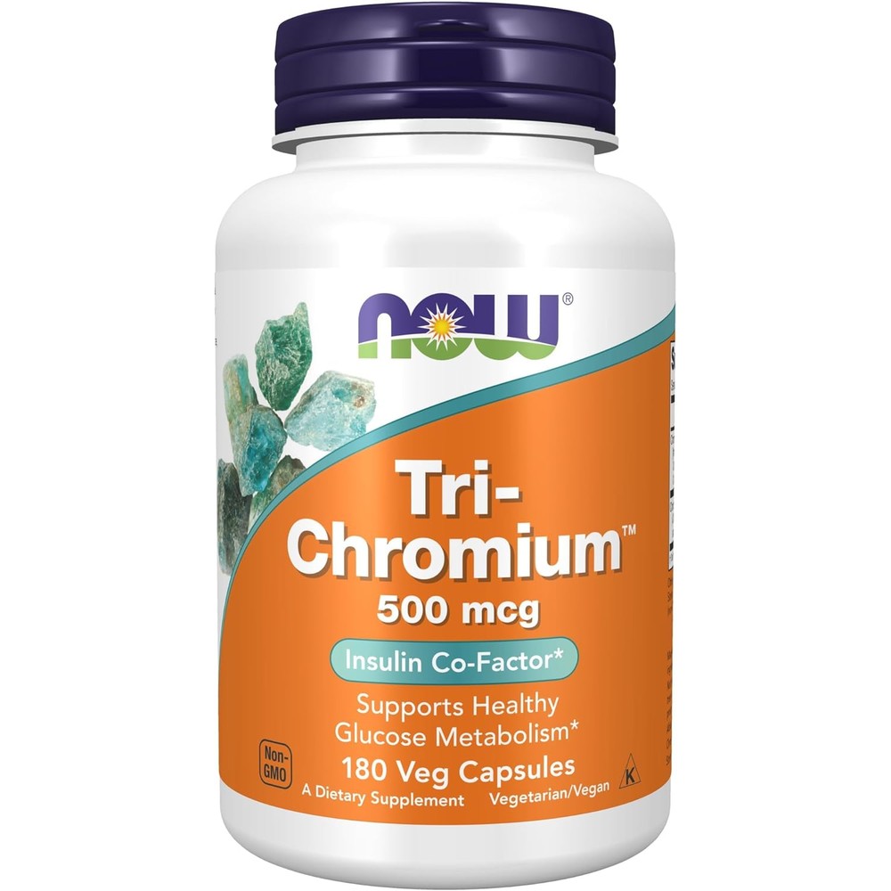 NOW Foods Tri Chromium 500mcg front view bottle showing glucose metabolism support capsule info
