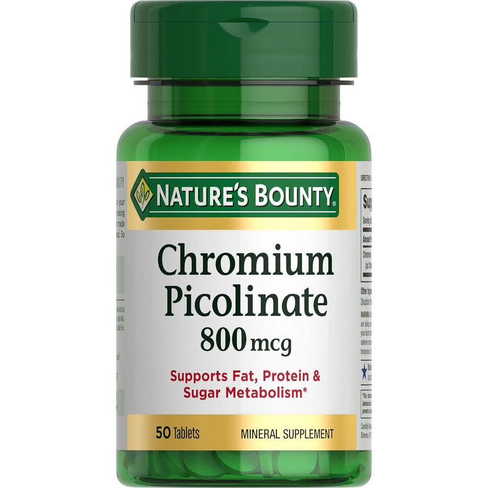 Nature's Bounty Chromium Picolinate 800 mcg 50 tablets front view bottle for metabolism support