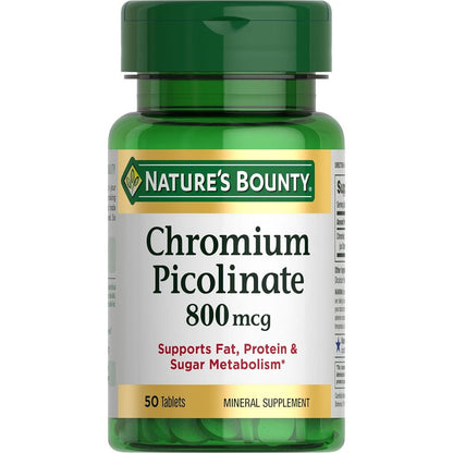 Nature's Bounty Chromium Picolinate 800 mcg 50 tablets front view bottle for metabolism support